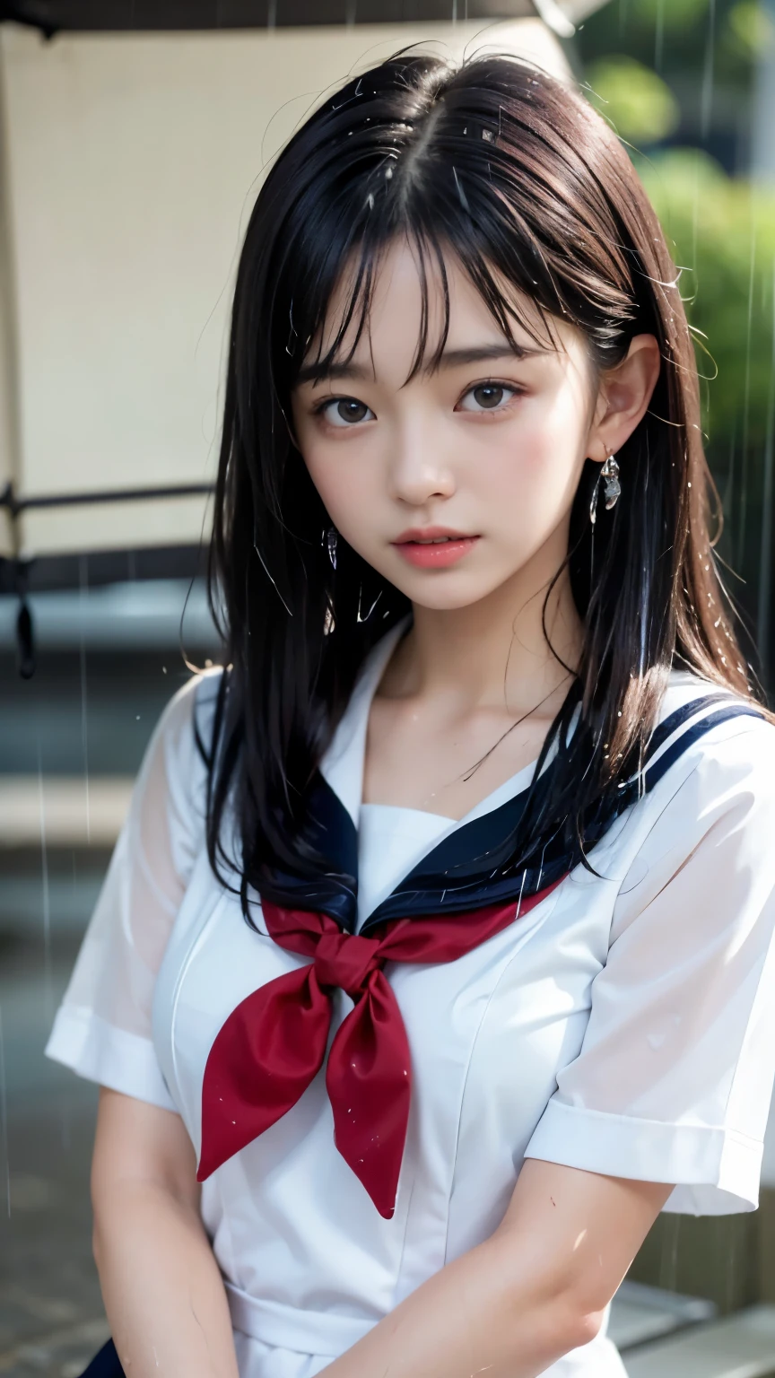 (masterpiece, highest quality:1.2), 8K, official art, RAW photo, incredibly absurd, (whole body, sailor suit, serafuku:1.4), beautiful girl, 18-year-old、cute face, arch back, navy pleated skirt, close, Soaked school uniform, short sleeve, gardenia, violaces, Ten generations, forest, looking at the viewer, film grain, chromatic aberration, sharp focus, face light, dynamic lighting, cinematic lighting, detailed eyes and face, background bokeh, (1 dark red bow tie:1.2)、(heavy rain、dark sky:1.5)、one girl、blush、look at the viewer、(huge breasts:1.2)、wet hair、shiny hair、wet face、wet skin、wet body、wet costume、flower、hairpin、necklace、earrings、Depth of bounds written、尖ったred mouth、red mouth,clavicle、beautiful fingers、Loosen your tie、cute wet face、Wet clothes that stick to your chest、Wet and see-through clothes、short hairstyle