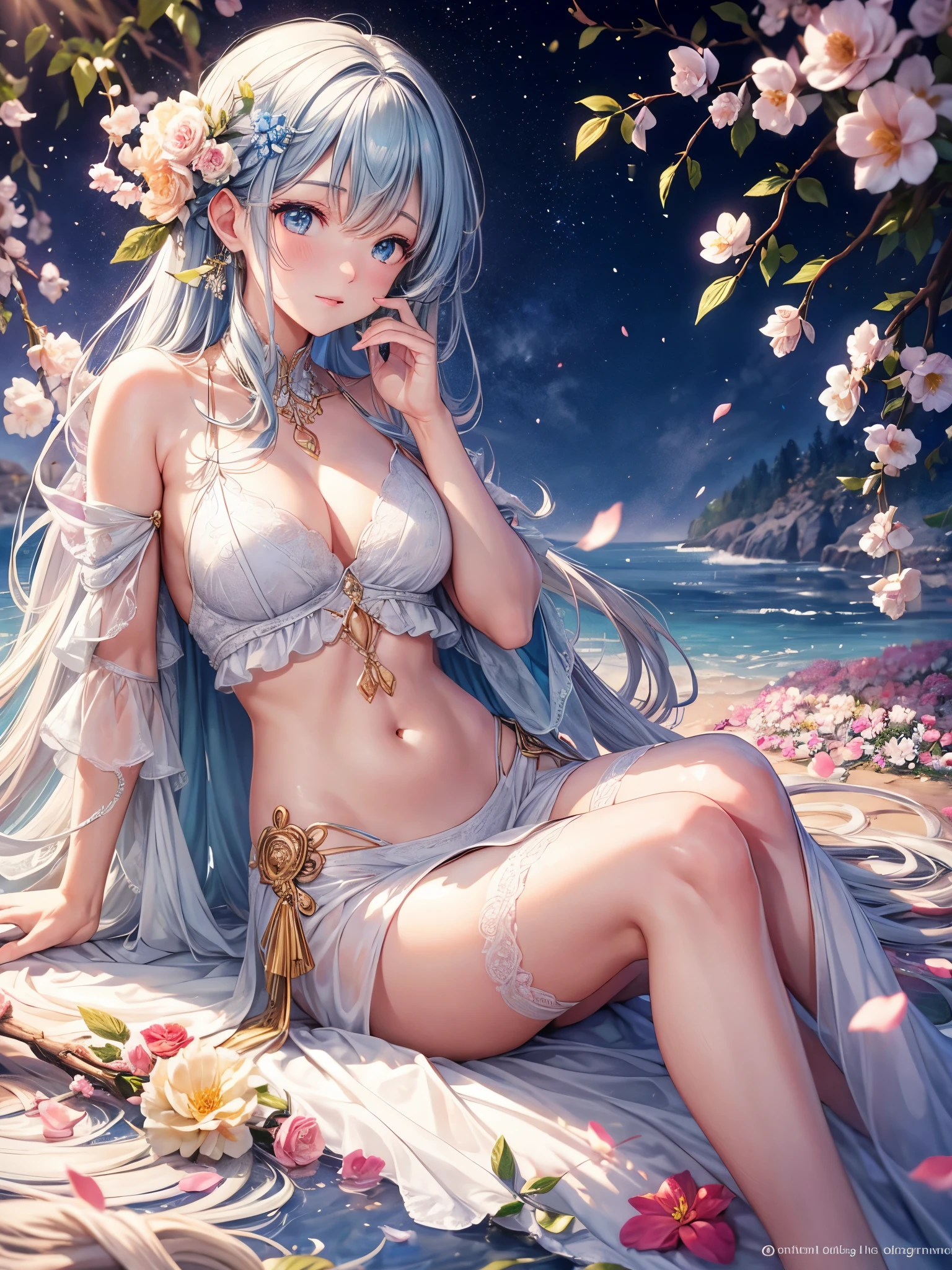 soft lighting, dreamy atmosphere, ethereal aesthetic, fantasy theme, nature elements, floral background, delicate details, flowing hair, whimsical pose, vibrant colors, flower petal falling, sitting