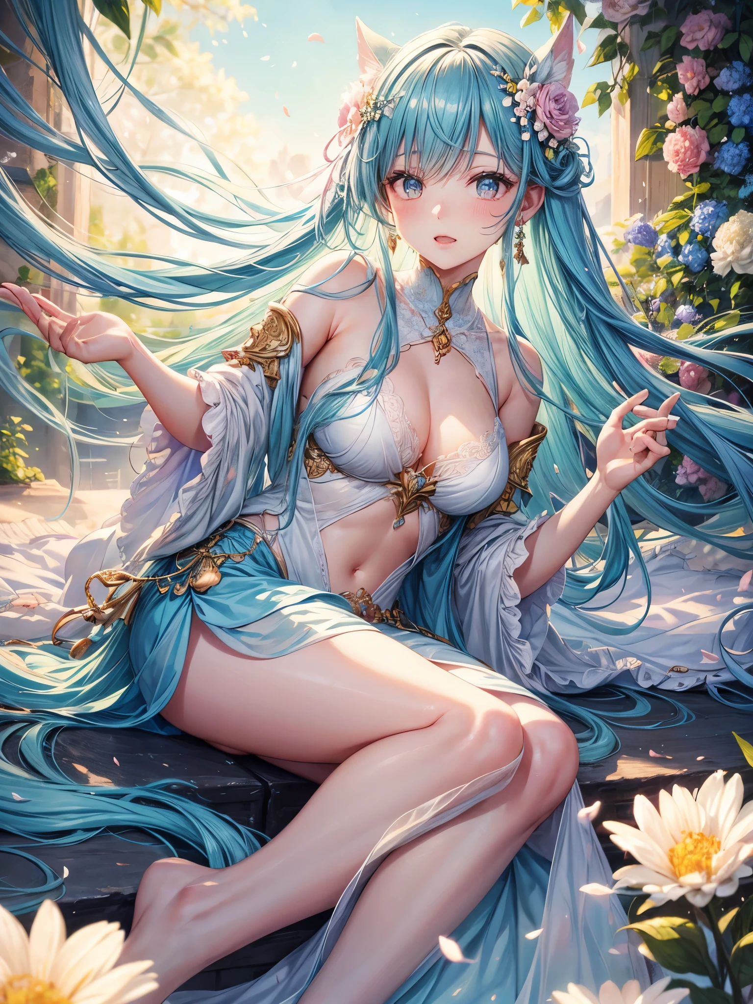 soft lighting, dreamy atmosphere, ethereal aesthetic, fantasy theme, nature elements, floral background, delicate details, flowing hair, whimsical pose, vibrant colors, flower petal falling, sitting
