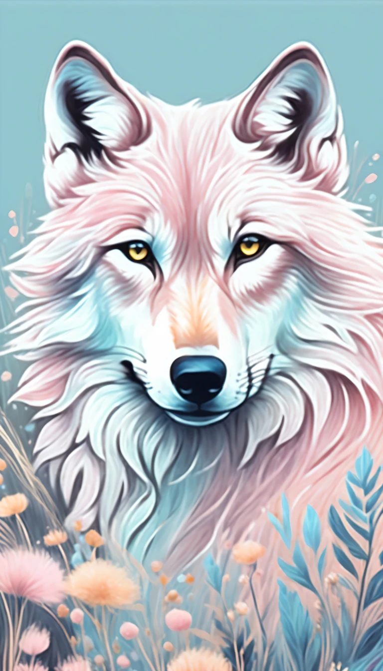 soft color palette and intricate chalk illustrations, featuring a wolf in a moonlit night, sitting in a field of soft grass, soft colors and delicate chalk strokes, cute touch of charm, dreamy world, pastel colors and sense of wonder, pop fantasy, truly breathtaking rendering, pastel colored chalk of stunning illustration, high quality, two cut-ins illustration, soft color palette and delicate pencil strokes, pastel colored paint, stunning baby pink and white, noble demeanor shining through, dashes through dreamy pastel landscape, fur flowing in the wind, beautiful coat of fur prances through, fur so intricately detailed, regal and graceful, whimsical fantasy world, warm and inviting landscape, pastel colors and sense of wonder, pop fantasy, truly breathtaking rendering,