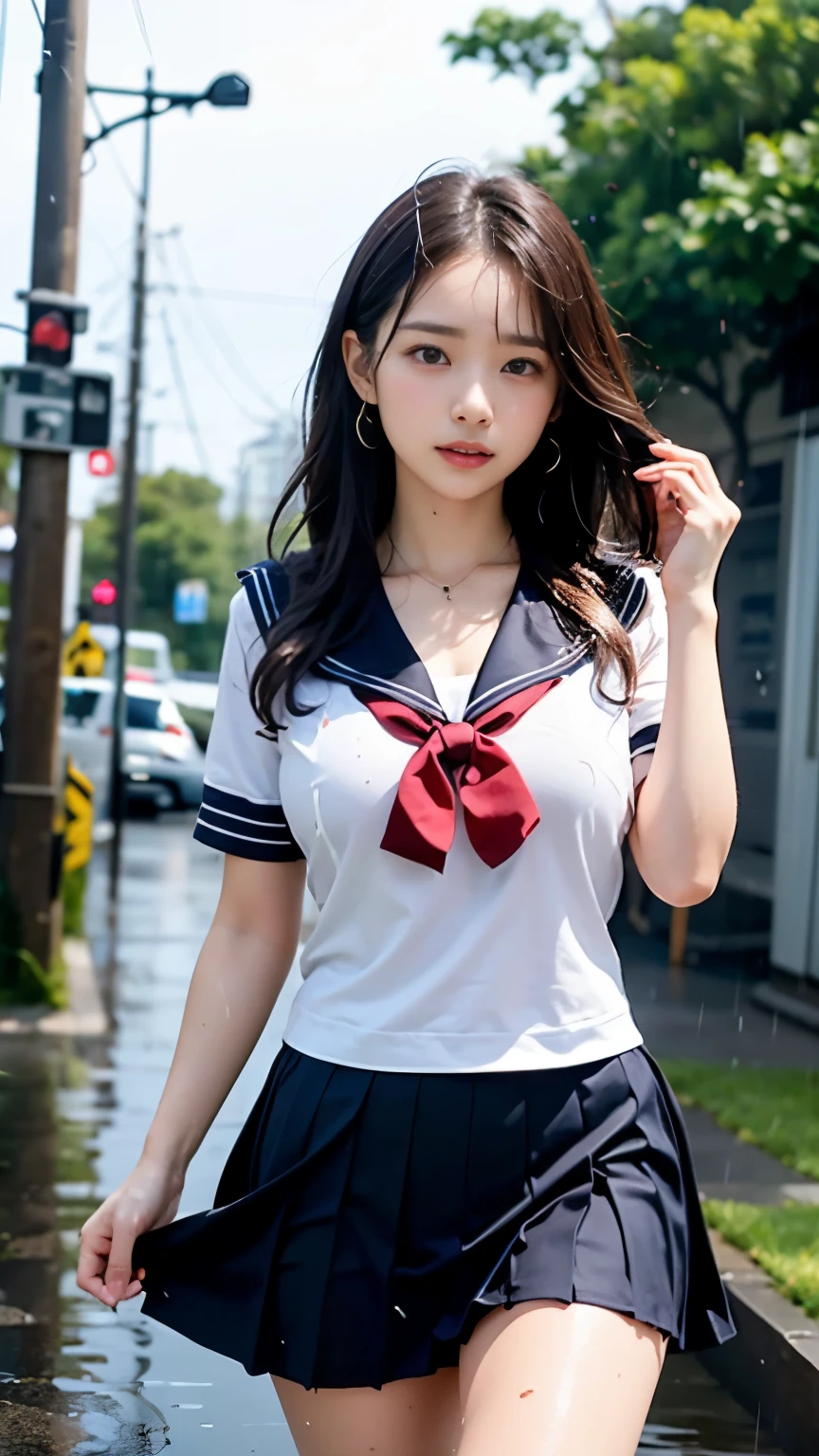 Looking here、Attractive maroon random shorthair young woman、Underwear torn almost like scrap、You can see your huge size、Skin Tight、Soft big、Crotch wide open、Areola showing through、The pubic area can be seen through clearly.、undergarment、Behind the school building、it is raining、Wet hair is disheveled、blushed face、((Sailor suit that gets wet and sticks to the skin、The upper part of the body、breasts focus))