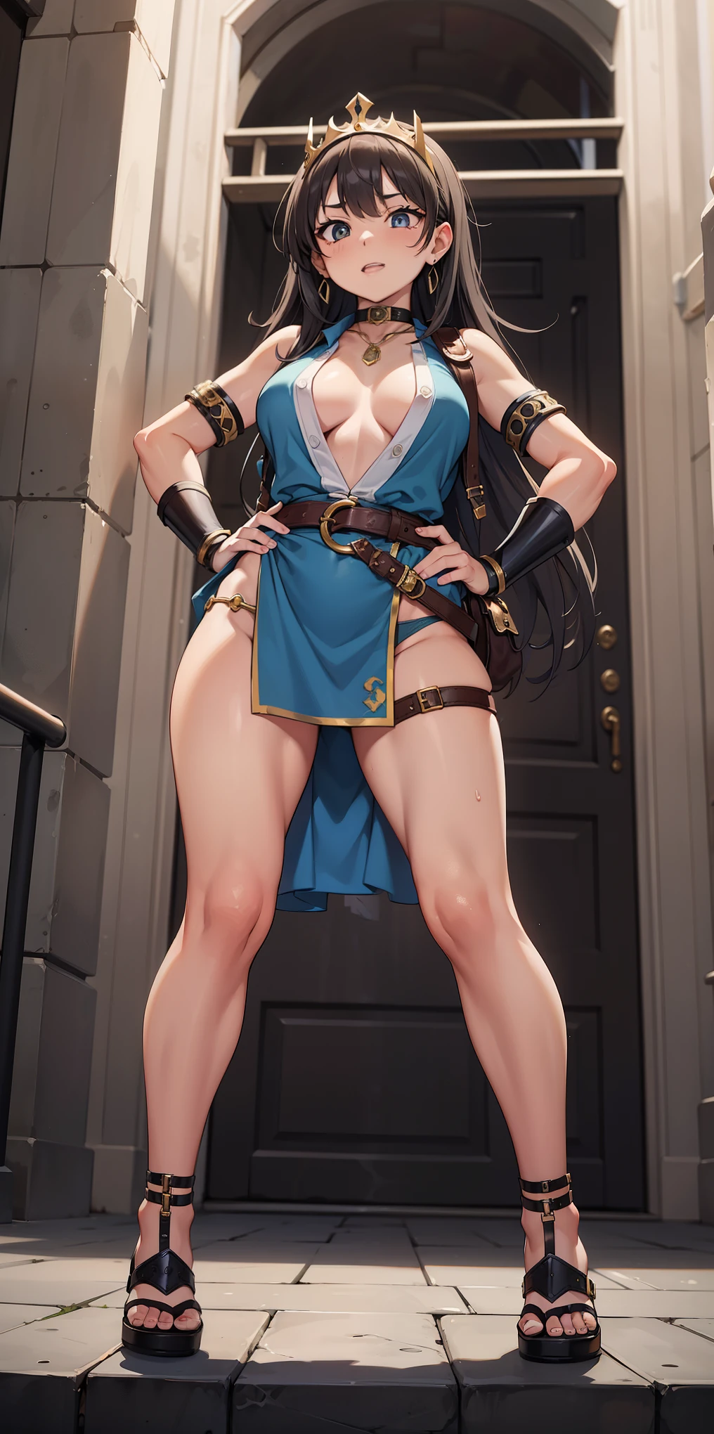 full body, whole body. 1solo (girl). slave fighter, loincloth standing, hands on hips full body, whole body. 1solo (girl). slave fighter, loincloth standing, hands on hips, metal sandals, backpack, choker, big belt, view from below, feet together, bracers, tiara
