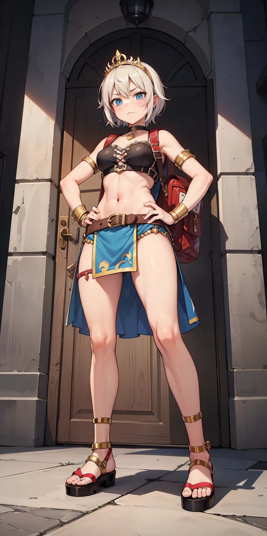full body, whole body. 1solo (girl). slave fighter, loincloth standing, hands on hips full body, whole body. 1solo (girl). slave fighter, loincloth standing, hands on hips, metal sandals, backpack, choker, big belt, view from below, feet together, bracers, tiara
