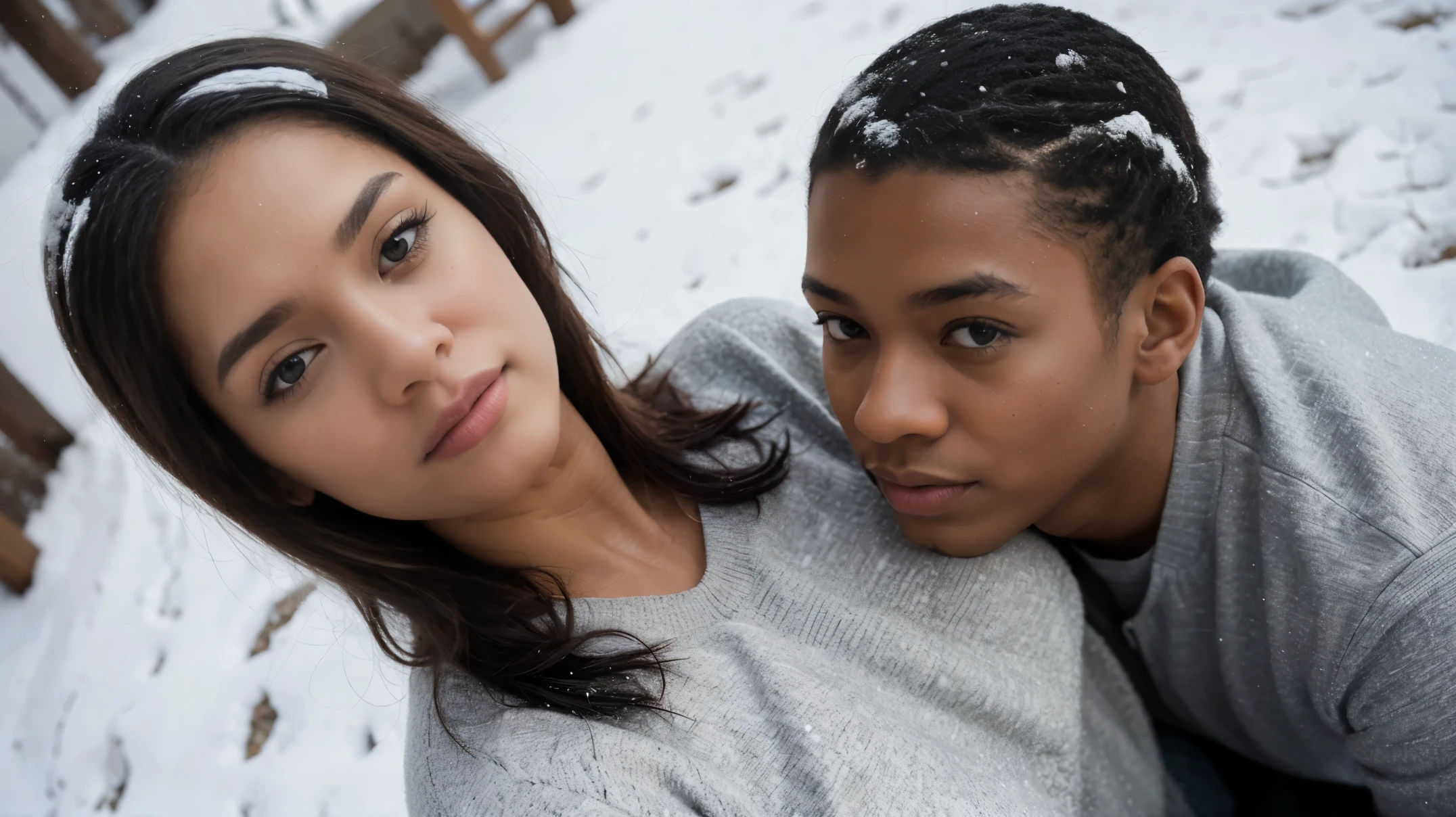 masterpiece photo, overhead shot portait of a (beautiful black couple) posing, casual outfit, full body protait, in snow  background 80 mm lens f/2.8 ISO 80, deph of field, soft front light, HDR (muted colors:1.2) Canon RF 10 mm F2.8L Macro IS USM, bokeh, photo, 8k, dynamic action, dreamy nostalgic, soft focus,