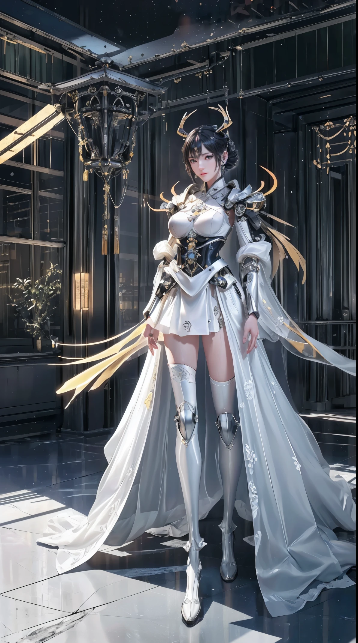 (from the front:1.5), (1Mechanical Girl:1.5),whole body, alone, slim waist, Thick thighs, (Machine made joints:1.2),(mechanical limbs:1.1),(The blood vessels are connected to the tube),(Mechanical vertebrae attached to the back),(Mechanical cervical spine fixation to the neck), lamp on armor, Mecha head mirror, (发Light手臂:1.5), (激Light眼:1.5), poker face, huge breasts,
colorful,human development report, Light线追踪, NVIDIA RTX, super resolution, Unreal 5, subsurface scattering, PBR texture, post processing, Anisotropic filtering, depth of field, Maximum clarity and sharpness, rule of thirds, 16K original, (发Light粒子:1.4), Extremely detailed CG, unified 8k wallpaper, 3D, Lighting, 镜头Light晕, reflection, sharp focus, cyberpunk art, actual, highly detailed CG illustration, extremely delicate and beautiful, Light, (photoactual:1.5), (dark background:1.5),dynamic angle, masterpiece, best quality, super detailed, illustration, 细节Light, dramatic_shadow,face shadow,extra detail,Best performance,