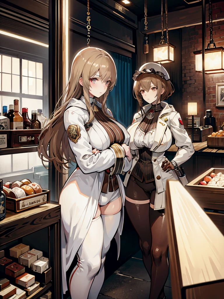 Moe anime illustration、high resolution、steampunk、female assassin、light brown hair、white robes、body suit、assassins creed syndicate、London during the Industrial Revolution