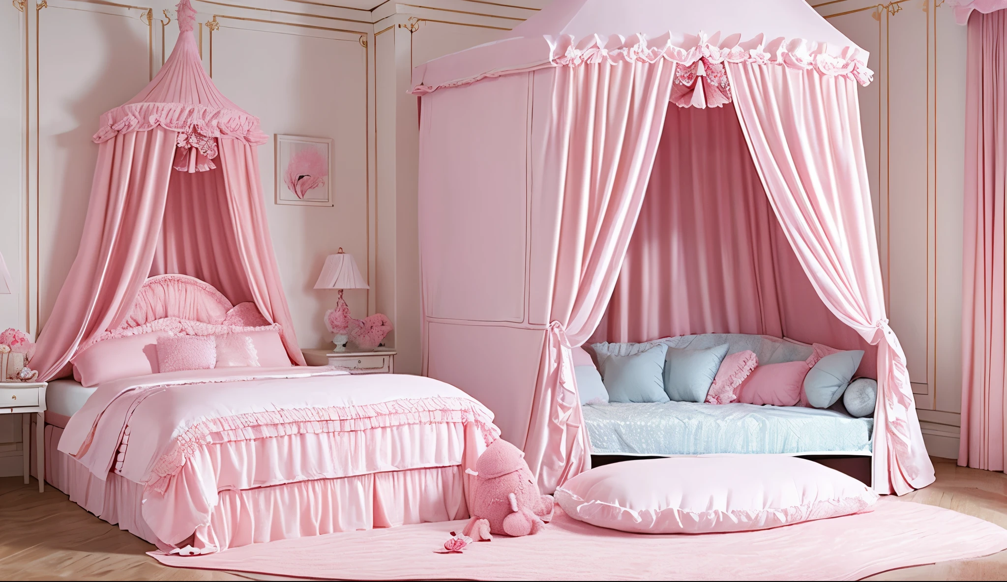 The room has a pink bed with a canopy, bedroom background,luxury,(huge bed), ((lot of frilled pink pillows)),((canopy bed)),((frilled curtain)),((Plush pillow)),((Fluffy futon)), Girl on the bed,anime characters,15 years old,long blonde hair,blue eyes,pink ruffle pajamas,Long sleeve long skirt,nightcap,