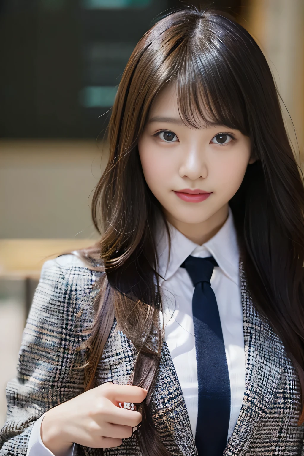(8K、RAW photo、highest quality、masterpiece:1.2)、(realistic、Photoreal:1.37)、Super detailed、ultra high resolution、1 girl、see the beholder、beautiful and detailed face、laughter、narrow、(slim waist) :1.3)、beautiful and smooth skin、skin texture、floating hair、professional lighting、as a whole human body、long hair、blonde、日本のhigh schoolの制服、high school giller suit、bob hair、high school、smile