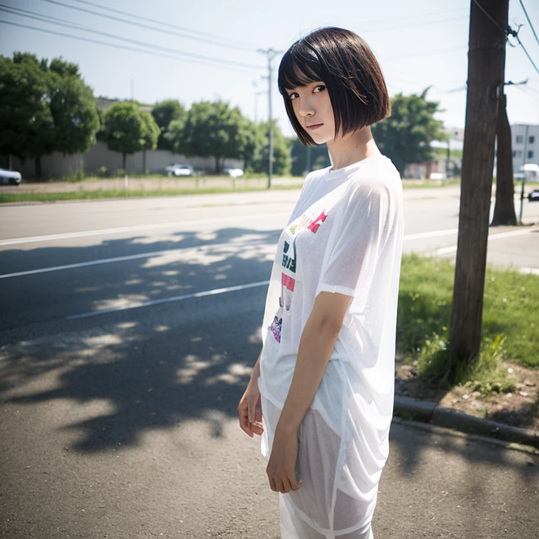A Japanese Lady, look at viewr, ((very Short hair)), ((skinny:1.3)), 27-years old . day, Outdoors, Post-apocalypse, Ruins,, full body, ((see-through white t-shirt):1.2),