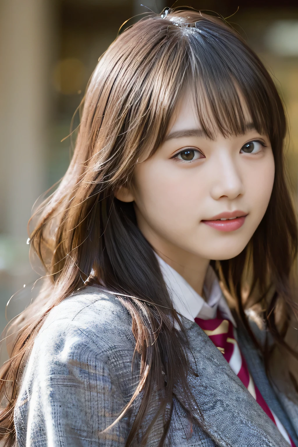 (8K、RAW photo、highest quality、masterpiece:1.2)、(realistic、Photoreal:1.37)、Super detailed、ultra high resolution、1 girl、see the beholder、beautiful and detailed face、laughter、narrow、(slim waist) :1.3)、beautiful and smooth skin、skin texture、floating hair、professional lighting、as a whole human body、long hair、blonde、日本のhigh schoolの制服、high school giller suit、bob hair、high school、smile