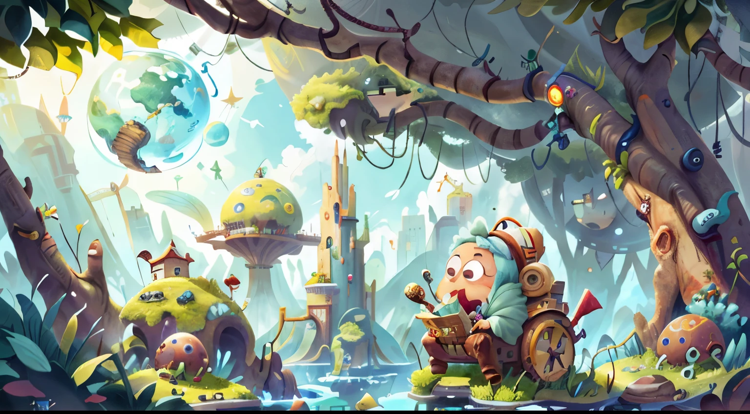 Land of Inventions, a magical realm where imagination intertwines with science, a world filled with mechanical creatures, unusual machines