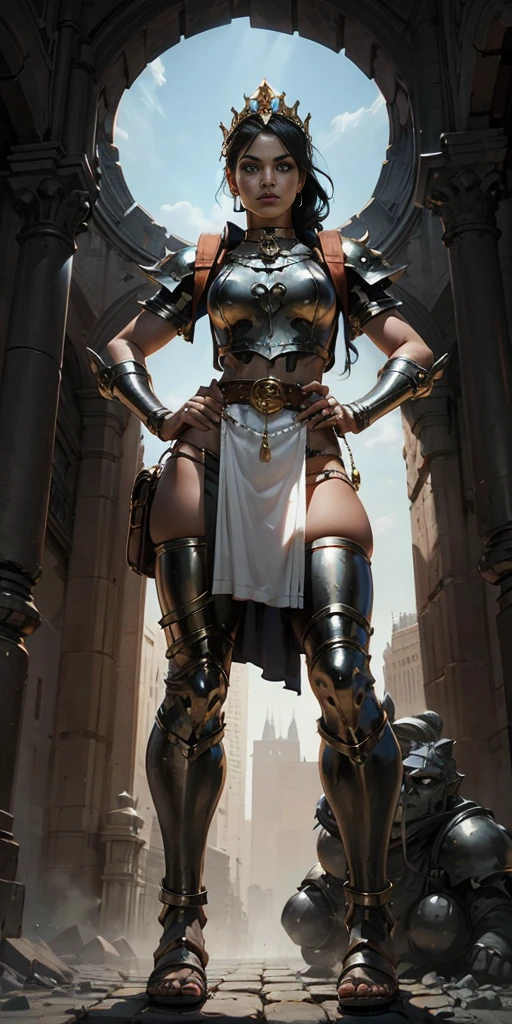 full body, whole body. 1solo (girl). slave fighter, loincloth standing, hands on hips full body, whole body. 1solo (girl). slave fighter, loincloth standing, hands on hips, metal sandals, backpack, choker, big belt, view from below, feet together, bracers, tiara