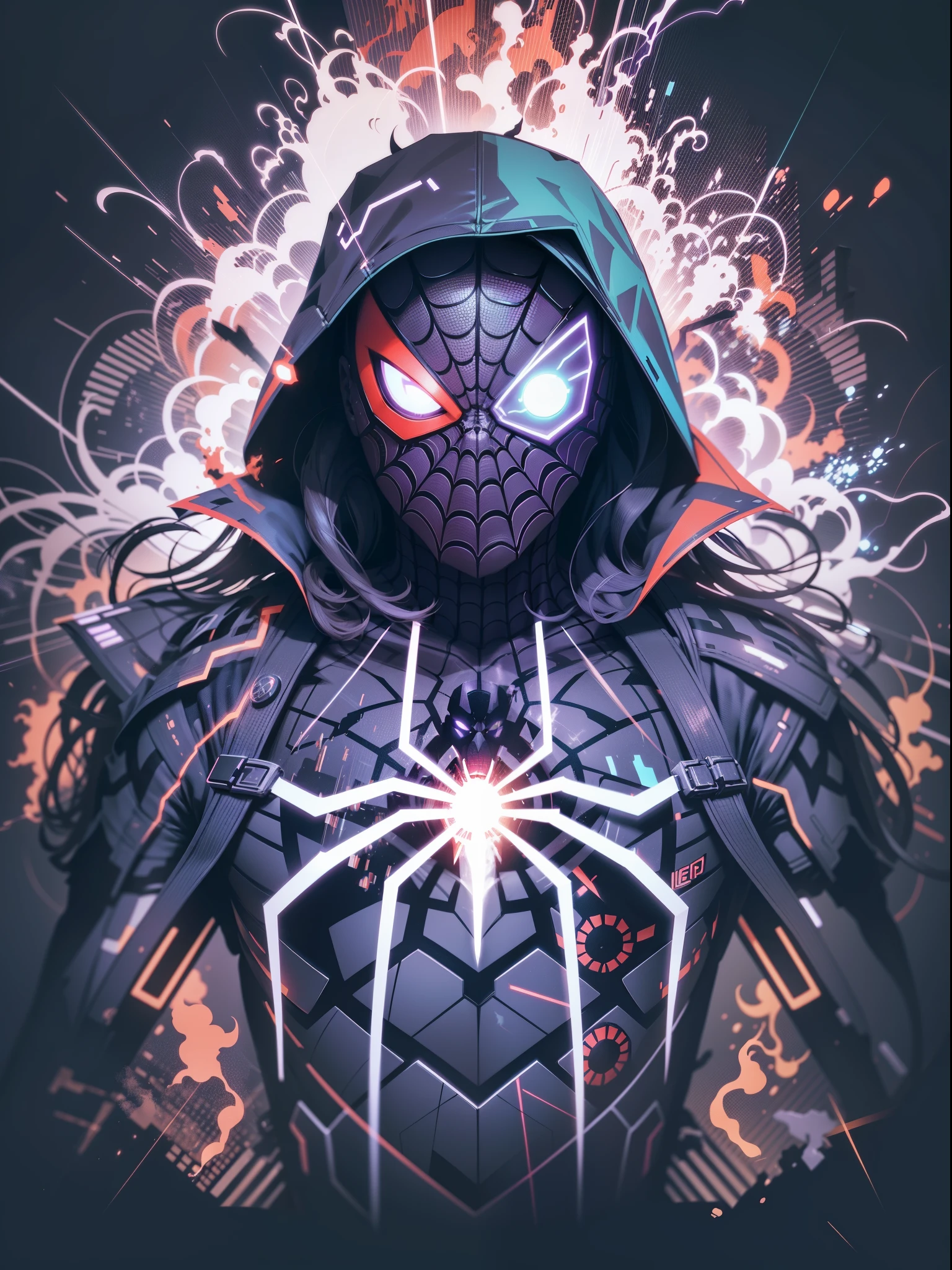 graphic design t-shirt, flat design, futuristic cyberpunk spiderrman in mix of tones, topless,, topless, flashing , big , metal skin, laser beams, purple emissive eyes, colorful tones, clean highly detailed, vector image, smoke explosion, simple background, flat white background, bright vector ((white background) )
