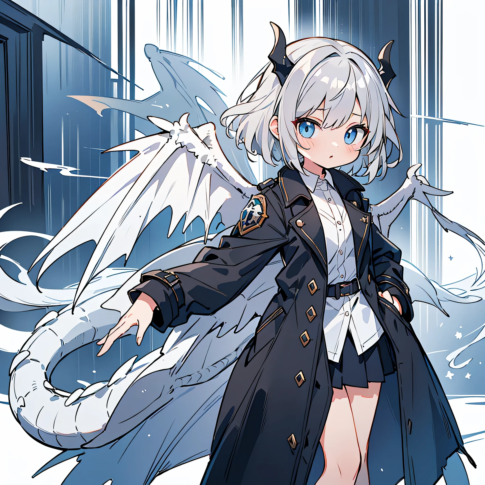 (masterpiece, highest quality, highest quality), messy hair,black_trench coat,short hair,girl,gray hair,blue eyes.White dragon wings on the back,has a white dragon tail,put one&#39;s hand in one&#39;s pocket