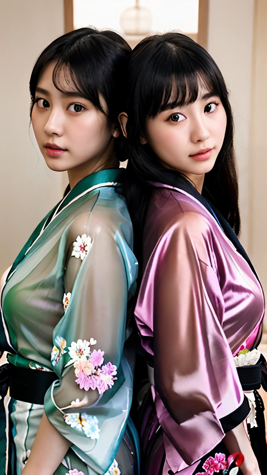 NSFW、最high quality、high quality、best image quality、8K、最High resolution、High resolution、最high quality、masterpiece、realistic pictures、RAW photo、realistic atmosphere、(detailed face)、(fine hands、thumb1reference4)、(beauty of japan )、very nice face、cute face、((beautiful japanese girl))、(woman), ((18 year old beautiful girl))、(glossy black hair)、(straight long hair)、(ponytail)、whole body、slim style、(shiny skin)、(Fair skin, Glossy skin)、real human skin、realistic human body structure、perfect body, perfect face, perfect hands, perfect fingers, perfect lips, perfect eyes,perfect teeth、perfect background, perfect atmosphere, soft natural light、samurai kimono、maiko kimono、servant、geisha kimono、japanese kimono、Furisode、kimono、Yukata、japanese traditional、((There is a very large mirror in the room.))、((The girl in front of the mirror and the girl on the other side of the mirror are identical twins..))、((There is an invisible partition between the twin girls.))、((Twin girls facing each other through the mirror.))、((twin girls look the same(The same face、Same hairstyle、Same body type、Dress the same、Same pose))、((Twin girls are playing and imitating each other(Two sides of the same coin))、((colorful transparent see-through(flowery kimono、Hakama with side slits))、Angle from diagonally behind