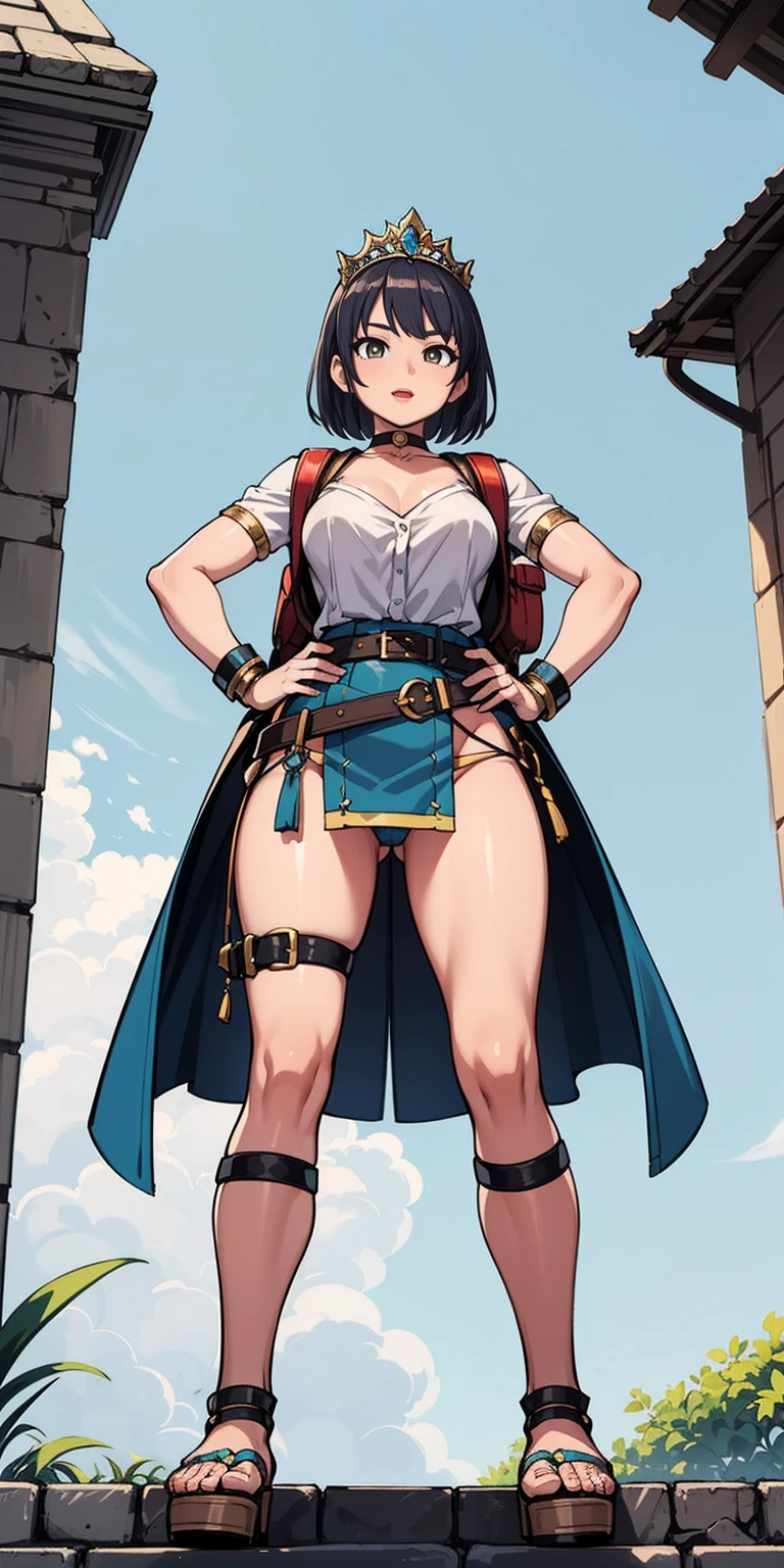 full body, whole body. 1solo (girl). slave fighter, loincloth standing, hands on hips full body, whole body. 1solo (girl). slave fighter, loincloth standing, hands on hips, metal sandals, backpack, choker, big belt, view from below, feet together, bracers, tiara
