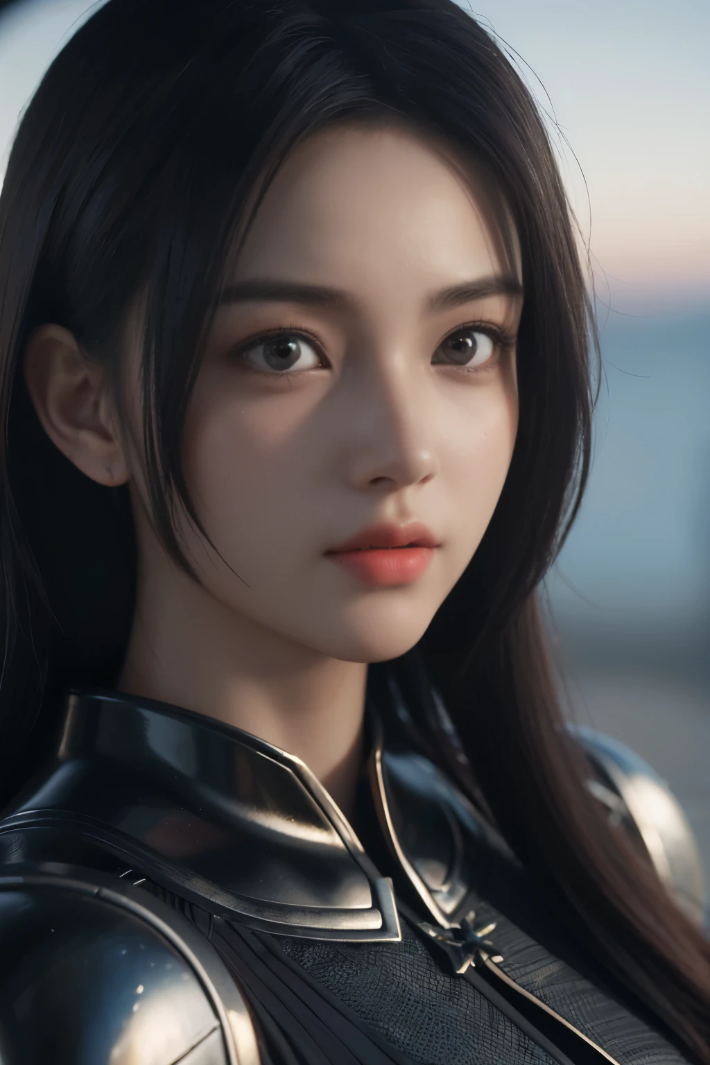 Game art，The best picture quality，Highest resolution，8K，((A bust photograph))，((Portrait))，((Head close-up:1.5))，(Rule of thirds)，Unreal Engine 5 rendering works， (The Girl of the Future)，(Female Warrior)， 22岁少女，(Female hackers)，(Ancient Oriental hairstyle)，((The pupils of the red eyes:1.3))，(A beautiful eye full of detail)，(Big breasts)，(Eye shadow)，优雅迷人，冷漠，((Anger))，(Future style silk combat suit combined with the characteristics of Chinese cheongsam，Joint Armor，There are exquisite Chinese patterns on the clothes，A flash of jewellery)，赛博朋克人物，未来风格， 拍照姿势，城市背景，Movie lights，Ray tracing，Game CG，((3D Unreal Engine))，oc渲染反射纹