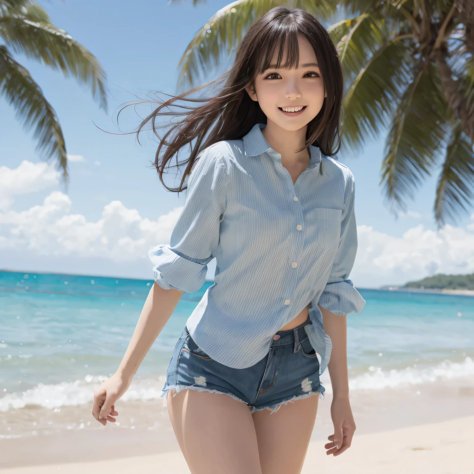 8k, RAW photo, best quality, masterpiece, realistic, photo-realistic, clear, professional lighting, beautiful face, best quality, ultra high res, realistic Japanese girl,23 years old, smile, whole body, see through shirt, wet, beach