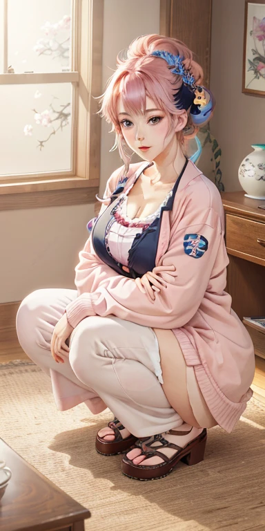 anime girl with pink hair sitting on a chair in a room, seductive anime girl, oppai, beautiful anime girl squatting, [ 4 k digital art ]!!, beautiful alluring anime woman, top rated on pixiv, beautiful alluring anime , best anime 4k konachan wallpaper, ecchi, illustrious makinami, the anime girl is crouching