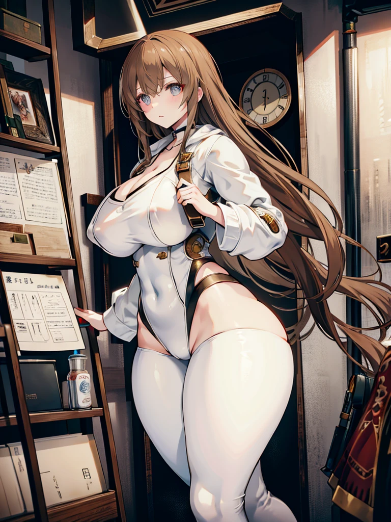 Moe anime illustration、high resolution、steampunk、female assassin、light brown hair、white robes、body suit、assassins creed syndicate、London during the Industrial Revolution