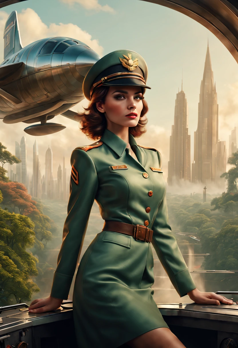 In the misty, retro-futuristic landscape, a female pilot stands boldly. Her eyes are beautifully detailed, with long eyelashes that add to her captivating gaze. The soft, natural light illuminates her face, highlighting her expressive lips that hold a subtle smile. She wears a sleek, vintage pilot uniform, exuding confidence and determination.

The scenery around her is filled with elements of both futuristic technology and nostalgic elements. In the distance, towering skyscrapers blend seamlessly with elegant, old-fashioned architecture. The colors are subdued and harmonious, with a touch of sepia tone, adding to the vintage vibe. The landscape is adorned with vibrant green foliage, indicating the presence of a garden or park.

The quality of the artwork is of the utmost importance, ensuring the finest details are captured with precision. The prompt begins with "(best quality, 4k, 8k, highres, masterpiece:1.2), ultra-detailed, (realistic, photorealistic, photo-realistic:1.37)." This guarantees a masterful and lifelike depiction of the scene. The lighting is carefully crafted, with a professional touch to create a sense of depth and realism. The sharp focus showcases every intricate detail, from the pilot's uniform buttons to the texture of the surrounding architecture.

The art style chosen for this prompt is a fusion of concept art and photography, blending the fantastical elements of the future with the tangible aspects of reality. This combination results in a unique and captivating visual experience. The overall color palette leans towards warm tones, with hints of rust and bronze, giving the artwork a sense of antiquity and nostalgia.

The prompt encapsulates the essence of a retro-futuristic landscape, featuring a confident female pilot amidst a harmonious blend of old and new. The attention to detail, realistic rendering, and artistic style ensure a visually stunning and thought-provoking masterpiece.