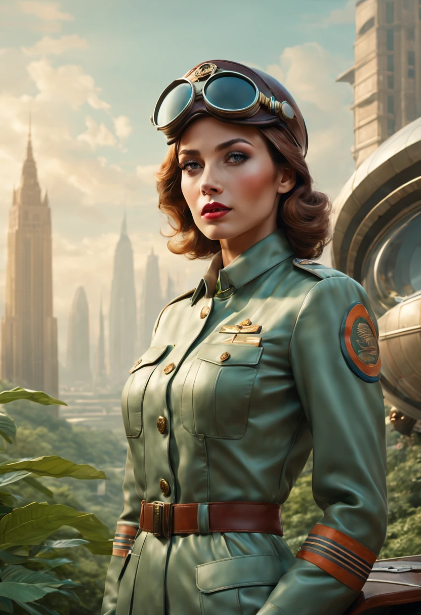 In the misty, retro-futuristic landscape, a female pilot stands boldly. Her eyes are beautifully detailed, with long eyelashes that add to her captivating gaze. The soft, natural light illuminates her face, highlighting her expressive lips that hold a subtle smile. She wears a sleek, vintage pilot uniform, exuding confidence and determination.

The scenery around her is filled with elements of both futuristic technology and nostalgic elements. In the distance, towering skyscrapers blend seamlessly with elegant, old-fashioned architecture. The colors are subdued and harmonious, with a touch of sepia tone, adding to the vintage vibe. The landscape is adorned with vibrant green foliage, indicating the presence of a garden or park.

The quality of the artwork is of the utmost importance, ensuring the finest details are captured with precision. The prompt begins with "(best quality, 4k, 8k, highres, masterpiece:1.2), ultra-detailed, (realistic, photorealistic, photo-realistic:1.37)." This guarantees a masterful and lifelike depiction of the scene. The lighting is carefully crafted, with a professional touch to create a sense of depth and realism. The sharp focus showcases every intricate detail, from the pilot's uniform buttons to the texture of the surrounding architecture.

The art style chosen for this prompt is a fusion of concept art and photography, blending the fantastical elements of the future with the tangible aspects of reality. This combination results in a unique and captivating visual experience. The overall color palette leans towards warm tones, with hints of rust and bronze, giving the artwork a sense of antiquity and nostalgia.

The prompt encapsulates the essence of a retro-futuristic landscape, featuring a confident female pilot amidst a harmonious blend of old and new. The attention to detail, realistic rendering, and artistic style ensure a visually stunning and thought-provoking masterpiece.