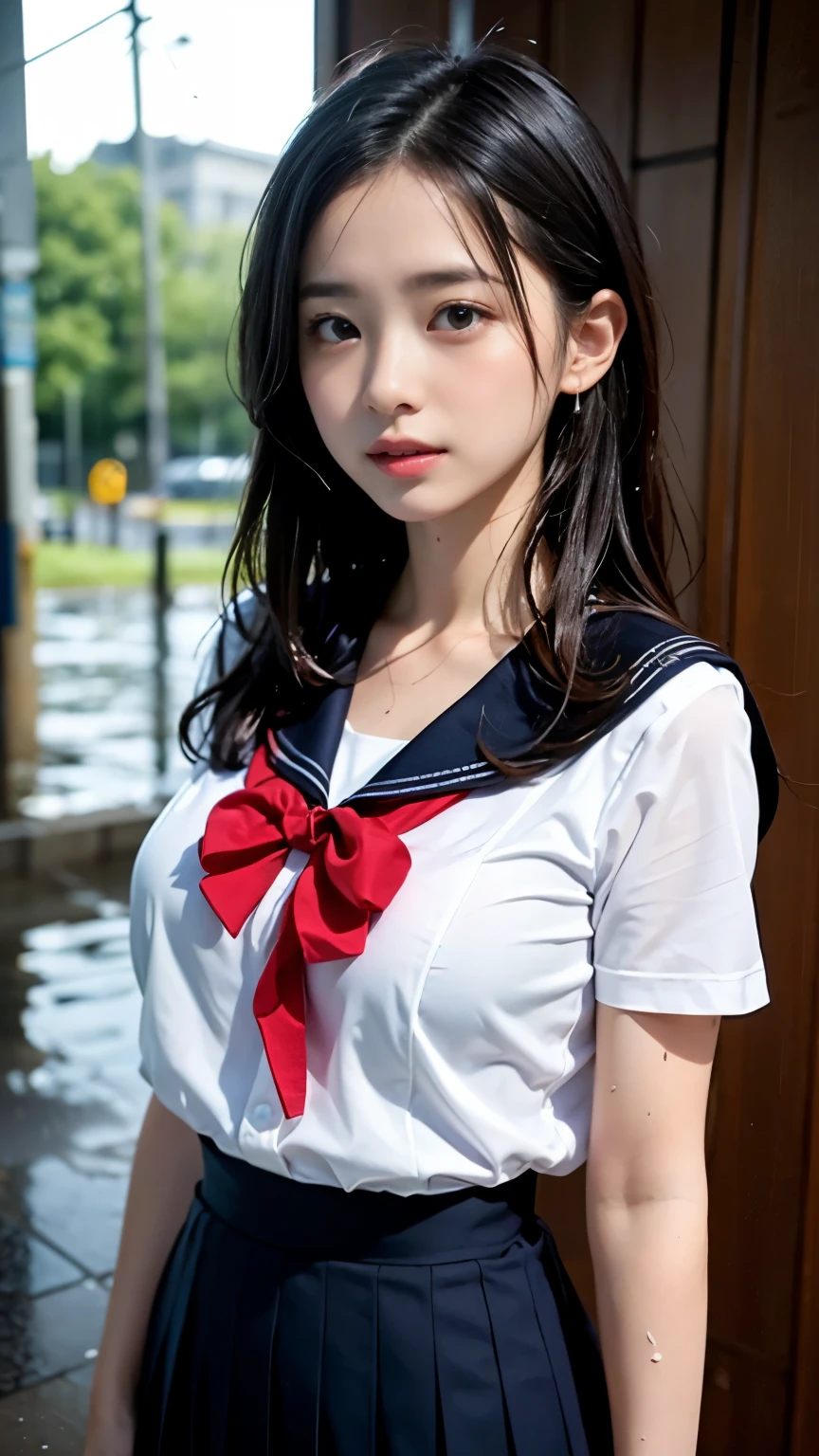 (masterpiece, highest quality:1.2), 8K, official art, RAW photo, incredibly absurd, (whole body, sailor suit:1.4), beautiful girl, 18-year-old、cute face, arch back, navy pleated skirt, close, school uniform, short sleeve, gardenia, violaces, abandoned building room, looking at the viewer, film grain, chromatic aberration, sharp focus, face light, dynamic lighting, cinematic lighting, detailed eyes and face, background bokeh, (1 dark red bow tie:1.2)、(heavy rain、dark sky:1.5)、one girl、blush、look at the viewer、(huge breasts:1.2)、wet hair、shiny hair、wet face、wet skin、wet body、wet costume、flower、hairpin、necklace、earrings、Depth of bounds written、尖ったred mouth、red mouth,clavicle、beautiful fingers、Loosen your tie、cute wet face、Wet clothes that stick to your chest and body、Wet and see-through clothes、short hairstyle