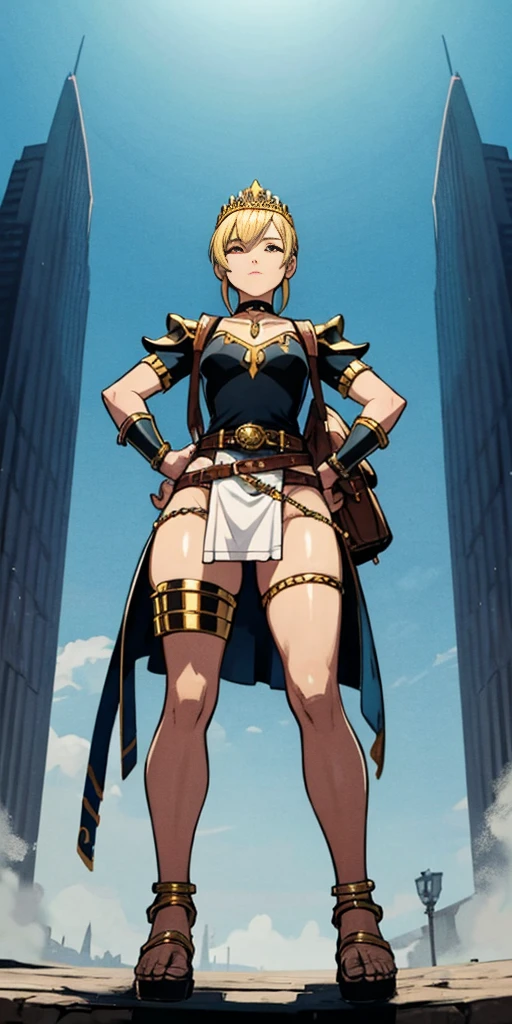 full body, whole body. 1solo (girl). slave fighter, loincloth standing, hands on hips full body, whole body. 1solo (girl). slave fighter, loincloth standing, hands on hips, metal sandals, backpack, choker, big belt, view from below, feet together, bracers, tiara
