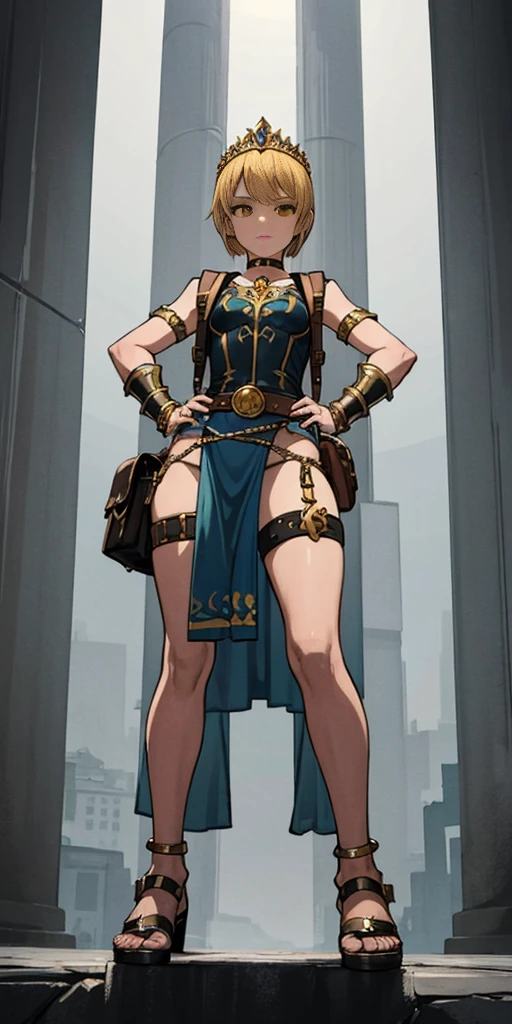 full body, whole body. olo (girl). slave fighter, loincloth standing, hands on hips full body, whole body. 1so (girl). slave fighter, loincloth standing, hands on hips, metal sandals, backpack, choker, big belt, view from below, feet together, bracers, tiara
