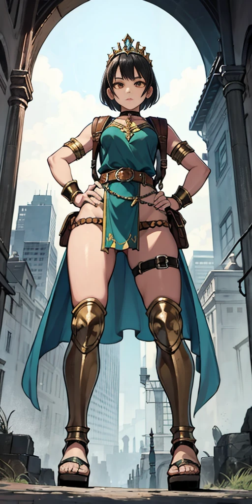 full body, whole body. 1solo (girl). slave fighter, loincloth standing, hands on hips full body, whole body. 1solo (girl). slave fighter, loincloth standing, hands on hips, metal sandals, backpack, choker, big belt, view from below, feet together, bracers, tiara