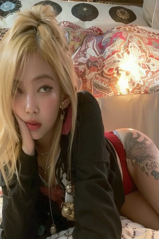 blond woman con tatuajes on her arms and arms resting on a bed, parque roseanne de blackpink, taken in the early 2020s, en mi cama, she is about 20 years old, she is about 2 0 years old, CL, posando en la cama, gemma chen, 18 years, acostado, sentada en su cama, con tatuajes