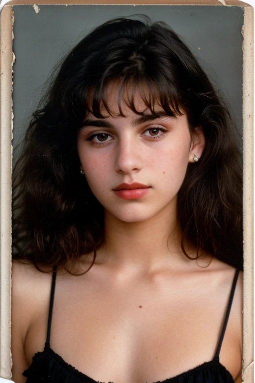 (19 year old), (portrait), (from 1990), (vintage damaged picture), (Russian-mexican mixed) (sharp grey eyes), (sharp lips), (no makeup), (black messy hair), (Photogenic expression), (ultra realistic), (black dress)