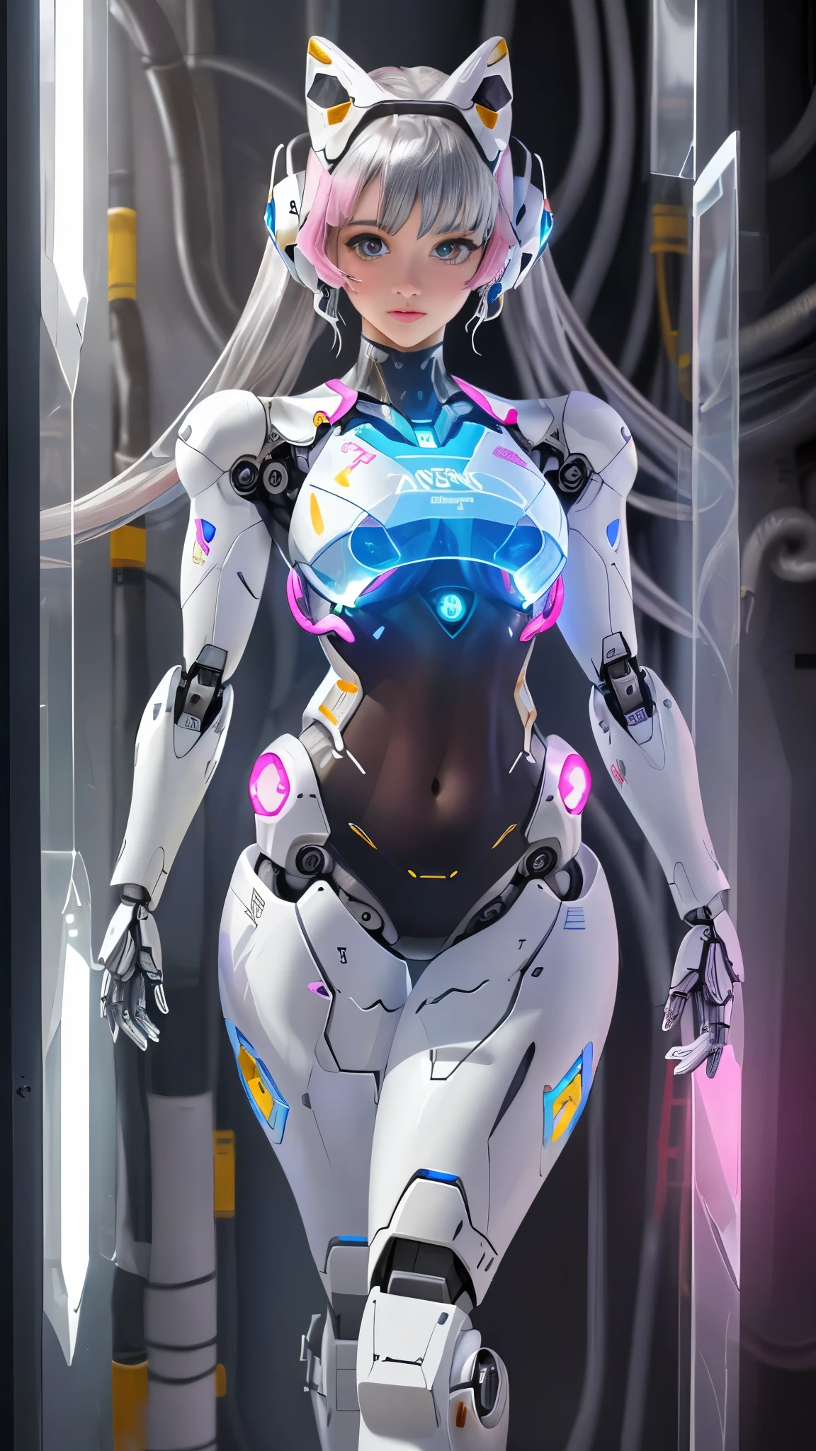 (La mejor calidad,A high resolution,Ultra - detallado,actual),Ariana Grande japonesa androide cyborg, robotic parts, hermoso estudio con luz suave, Detalles vibrantes, Ciberpunk de lujo, (Android body made of white and silver transparent glass and plastic:1.4), , (Mecanismos internos del cuerpo de metal plateado+pink), dynamic pose, Fluid organic components, Grabado detallado, Lace designs, (Circuitos dorados brillantes:1.4), (hermosos ojos azules),ojos  brillantes, (pose vaquero ), (realistic) ,Arte detallado de alta calidad 8K, Fanart Mejor ArtStation, Fantasy art style ,(cuerpo  de vidrio transparente:1.4),(Perfect anatomy) ,UHD, (fondo laboratorio Robotic futuristic dystopia colors:1.4) 