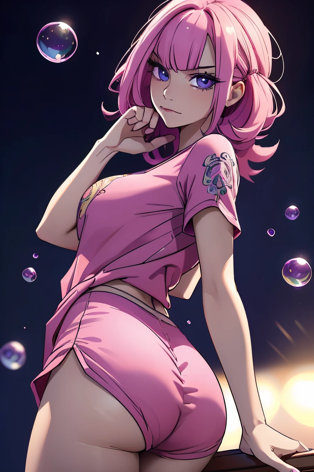 (Masterpiece:1.2, Best quality), (fine detailed beautiful eyes: 1.2), ((1girll)), ((Solo)), (finely detailed eyes and detailed face:1.3), (beautiful and clear background:1.2), (Extremely detailed CG, Ultra-detailed, Best shadow:1.1), ((Depth of field)), ((aquarelle)), Large breasts, Bare shoulders, Beautiful concept illustration, (Extremely fine and beautiful:1.1), (Perfect details:1.1), Reiju, Masterpiece, A high resolution|★\[A high resolution\], Best quality, (Extremely detailed Cg Unity 8K wallpaper), attractive legs, barefoot, happy, (busty), (perky) (large ass) (bubble butt), AGGA_ST003, human_feet, pink hair, deep purple eyes, pink poison, poison wings. short messy hair, hair ends in purple, finger frame, t shirt, pink shorts