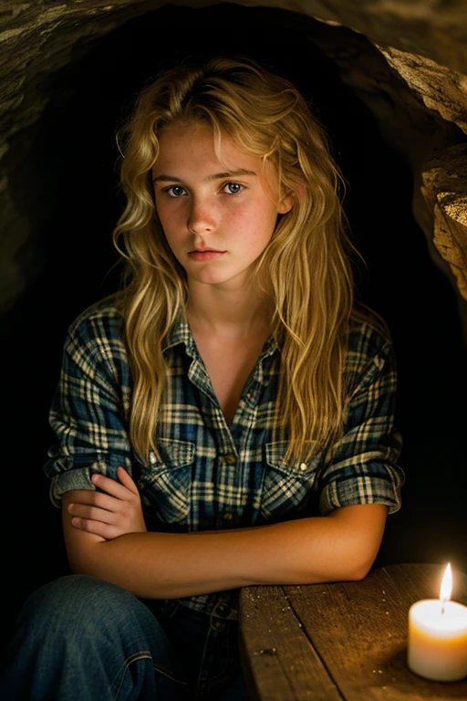 photograph of a blondr girl, (troubled facial expression), textured skin, goosebumps, blonde afro hair, plaid flannel shirt with distressed boyfriend jeans, cowboy shot, dark and mysterious cave with unique rock formations and hidden wonders, perfect eyes, (candlelight,chiaroscuro), Porta 160 color, shot on ARRI ALEXA 65, bokeh, sharp focus on subject, shot by Don McCullin