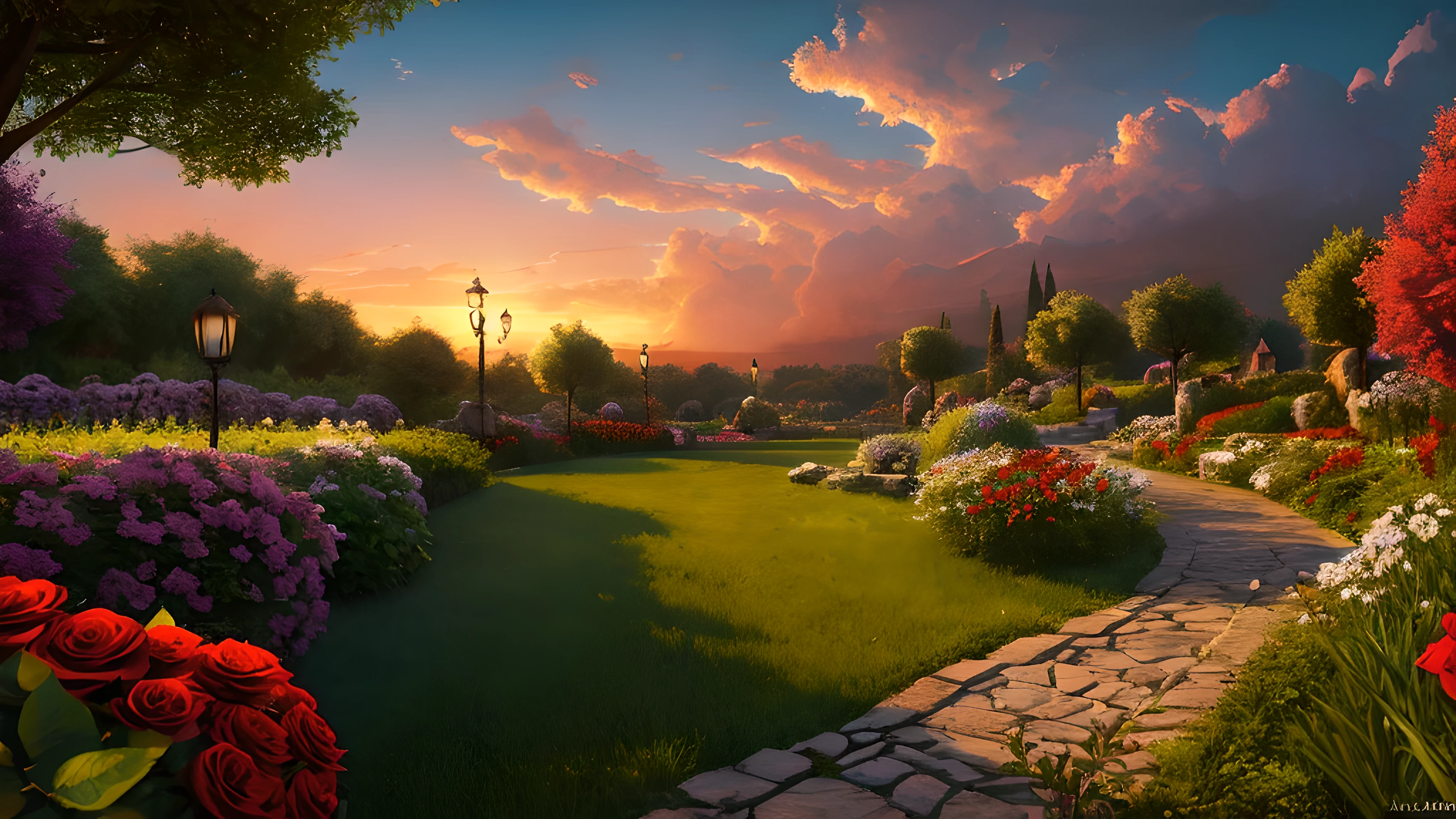 landscape，beautiful garden，green grass，Roses bloom，stone road，tables and chairs，Sunset，The sky is full of red，Dream，fantasy，horizontal lighting，beautiful，aesthetic, Wallop, digital painting, Popular topics on Artstation, Very detailed, epic work, official media, 8k ultra high definition ，imagine