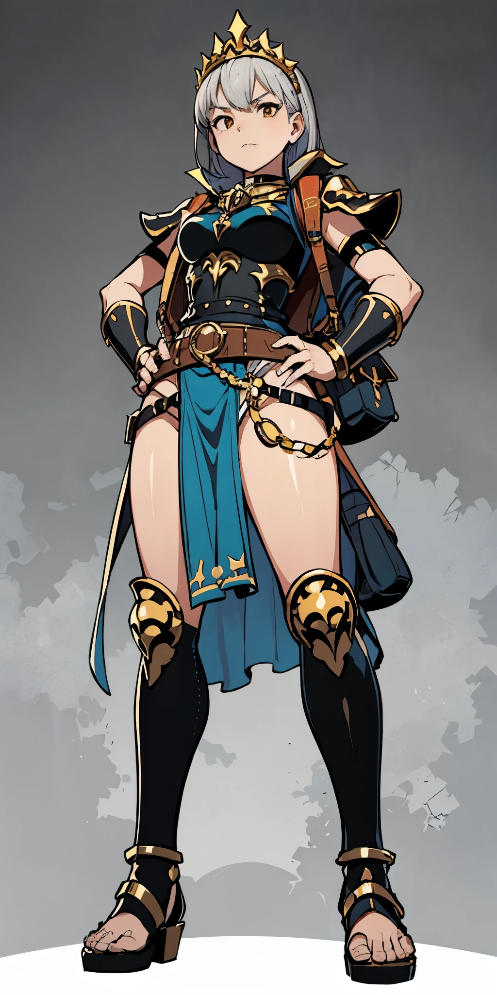 full body, whole body. 1solo (girl). slave fighter, loincloth standing, hands on hips full body, whole body. 1solo (girl). slave fighter, loincloth standing, hands on hips, metal sandals, backpack, choker, big belt, view from below, feet together, bracers, tiara