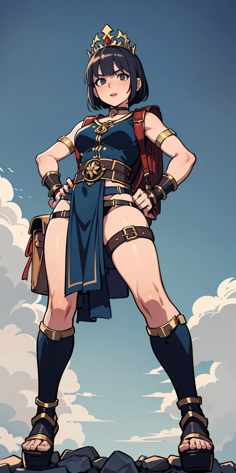 full body, whole body. 1solo (girl). slave fighter, loincloth standing, hands on hips full body, whole body. 1solo (girl). slave fighter, loincloth standing, hands on hips, metal sandals, backpack, choker, big belt, view from below, feet together, bracers, tiara