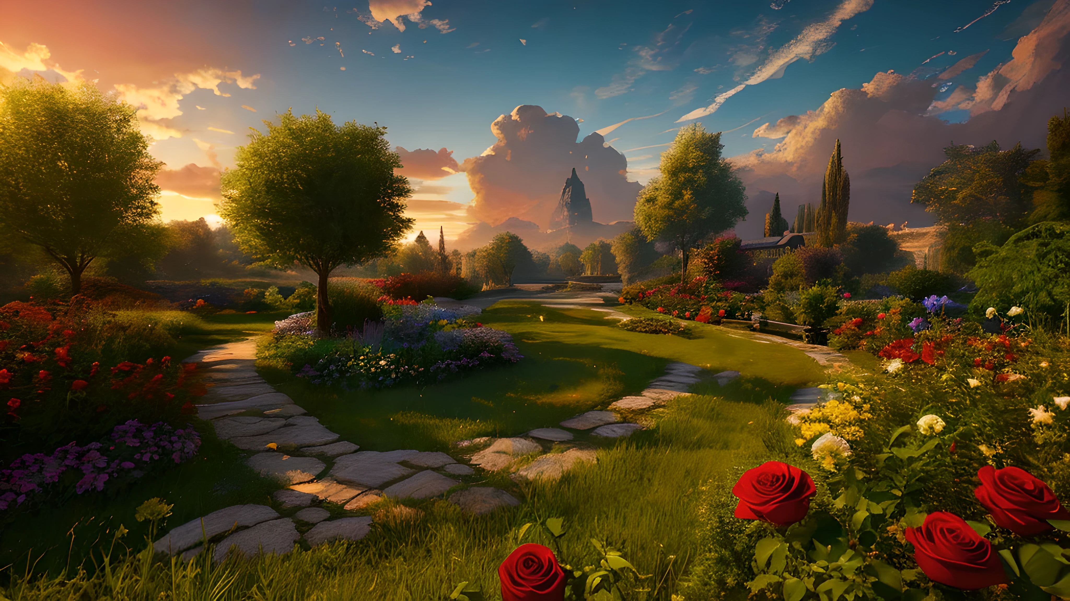 landscape，beautiful garden，green grass，Roses bloom，stone road，tables and chairs，Sunset，The sky is full of red，Dream，fantasy，horizontal lighting，beautiful，aesthetic, Wallop, digital painting, Popular topics on Artstation, Very detailed, epic work, official media, 8k ultra high definition ，imagine