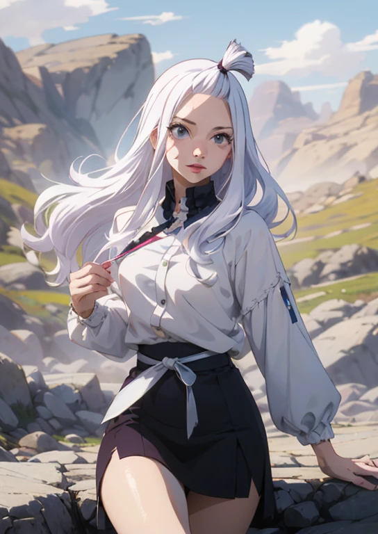 anime girl with long white hair in a field with a city in the background, girl with white hair, perfect white haired girl, detailed anime character art, white haired, artwork in the style of guweiz, blonde anime girl with long hair, white haired lady, anime character, female anime character, realistic anime artstyle, detailed digital anime art