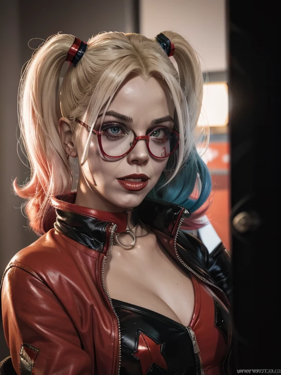 doutora Harley Quinzel, psicologia criminal. Foto de pefil. cabelo loiro grande e preso, coque, She wears a white coat with a red shirt and black glasses.