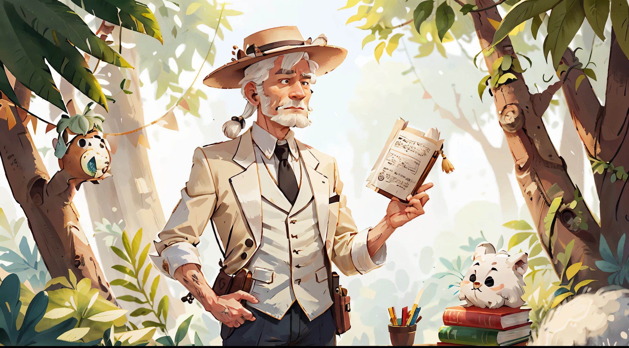 A wise teacher, a gentleman in exotic attire with white hair, white background