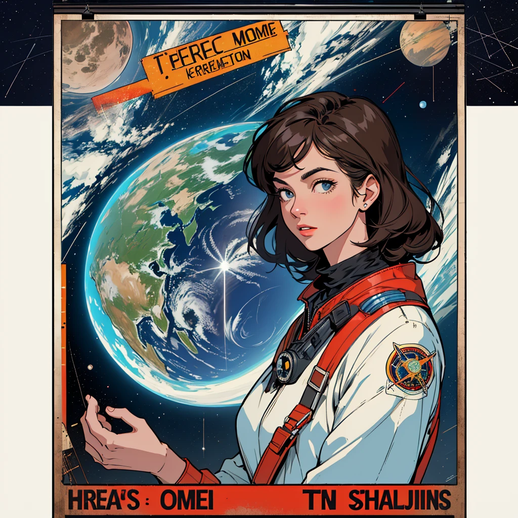 (((32k))),(((highest quality))),(universe),(Perfect One Woman),60's,70's,80's,((古い映画のposter)),retro,vintage,bauhaus,abstract,(スペーススリラー映画poster),Futuristic,shape,OK,cosmos,galaxy,satellite,mechanical,Geometric pattern,meteor,meteorite,planet,poster_white frame,very delicate,