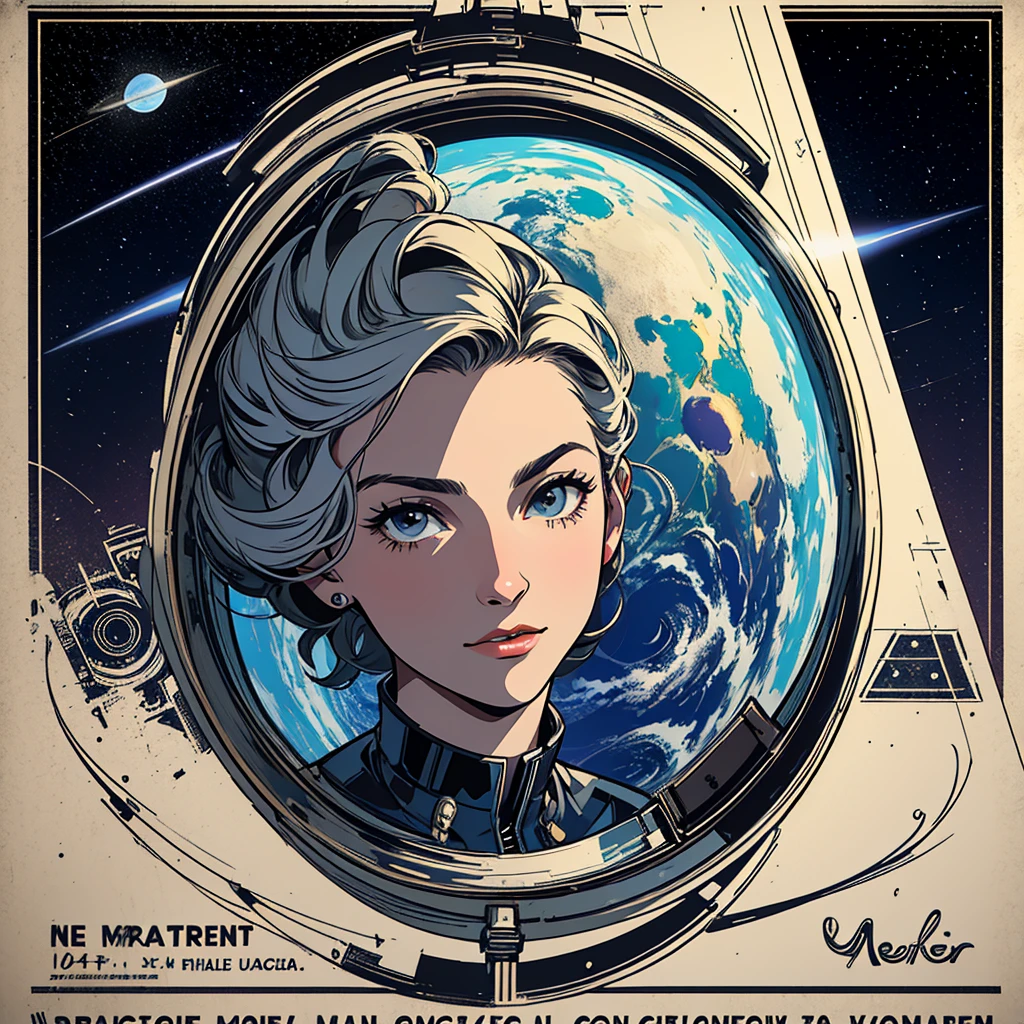 (((32k))),(((highest quality))),(universe),(Perfect One Woman),60's,70's,80&#39;s,((古い映画のposter)),retro,vintage,bauhaus,abstract,(スペーススリラー映画poster),Futuristic,shape,OK,cosmos,galaxy,satellite,mechanical,Geometric pattern,meteor,meteorite,planet,poster＿white frame,very delicate,