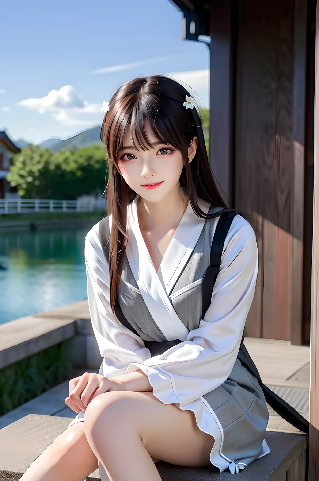 1girl, alone,极其细致的Eye和脸, (masterpiece, best quality:1.3), (ridiculous:1.3), (lifelike:1.3), (delicate skin:1.3, Detailed face:1.3), sitting, looking at the audience, sharp focus, beautifully,(Beautiful and cute Koreans_girl:1.3), (ulzzang-6500:0.2), (巨Big deal乳房:1.3, Thick thighs:1.2, narrow :1.1), (shiny skin:1.4), faint smile, (Black_Very_long_double tail:1.3),(Big deal_Eye:1.2, Brown_Eye), (Brown_Gloss_Eyehadow:1.2), pink_lips, White shirt, light brown suspender skirt / Black连裤袜, dragon, bench, flower, Grass, lake, (cloudy sky:1.3), (rain:0.5)