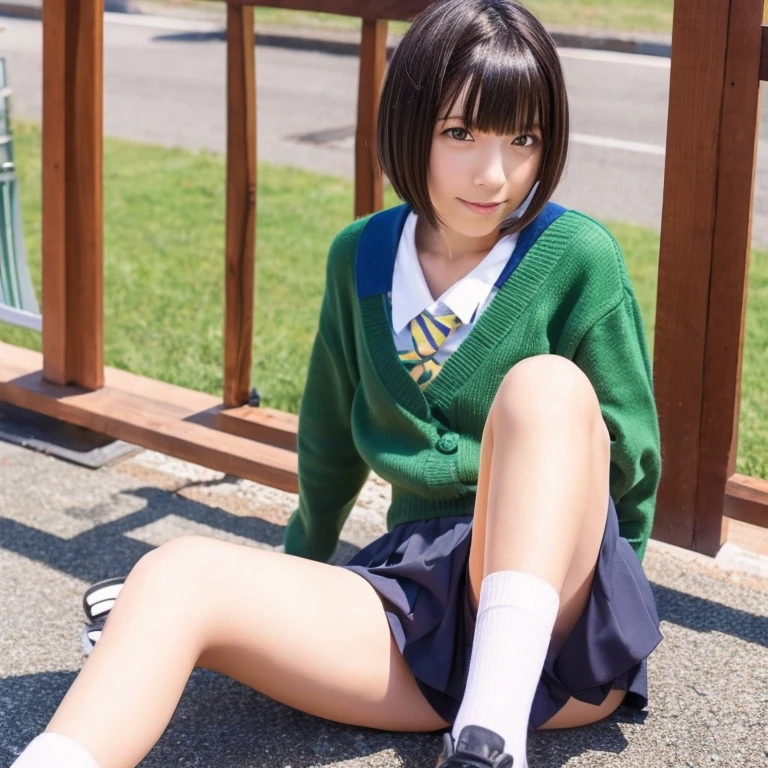 Japanese high school girl with short hair showing all her legs in short shorts