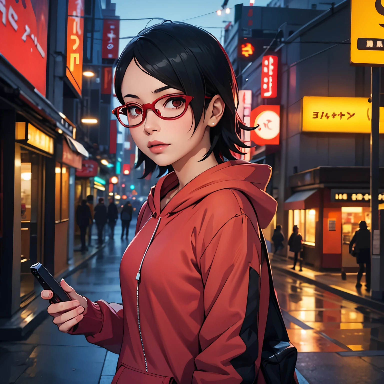 1 girl, create a character (uchiha sarada) with photo realistic, real life, features, wearing red glasses, red glasses accessories, short hair, left swept bangs, with medium length left sponge hairstyle, cute face, beautiful ager, glowing skin , dark red eye lenses, pink lips/lipstick, camera screen selfie expression, with a sweet thin smile, half body, sexy body, large/medium breasts, photo size: 6-19, Tokyo Street, night, city view, lights city, upper body, RAW photo, best quality, masterpiece, realistic, photo-realistic, plain yellow hoodie, half body, bangs, jet black puff, freestyle photo