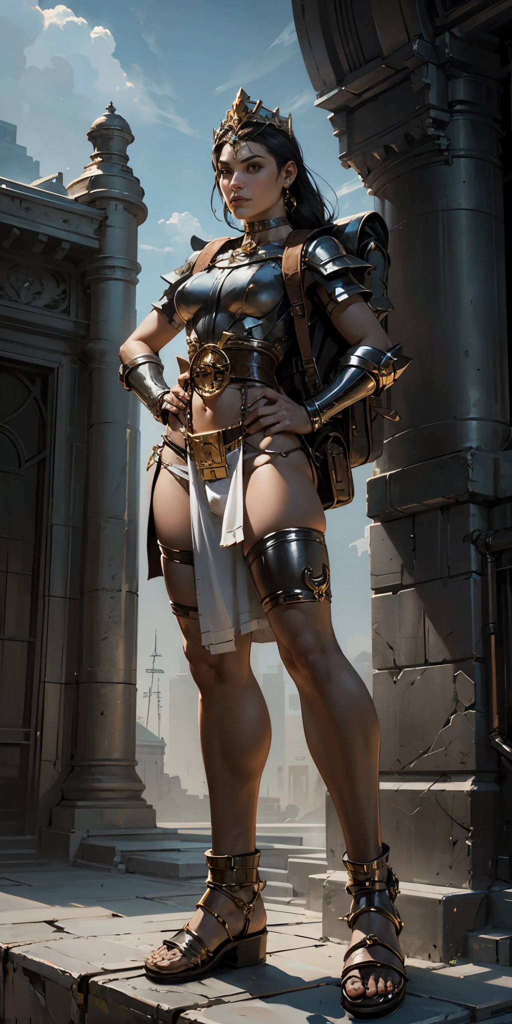 full body, whole body. 1solo (girl). slave fighter, loincloth standing, hands on hips full body, whole body. 1solo (girl). slave fighter, loincloth standing, hands on hips, metal sandals, backpack, choker, big belt, view from below, feet together, bracers, tiara