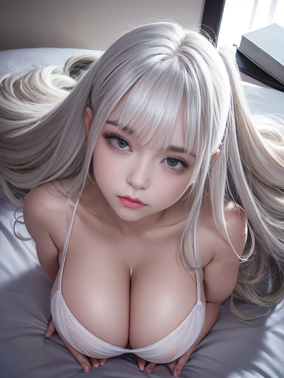 8K, highest quality, RAW photo, ultra high resolution silver blonde silver hair cool beauty thin eyebrows alone droopy eyes glamorous mouth Light pink see-through coordination huge breasts Huge valley beautiful butt avoid exposure as much as possible Please show me your whole body on the bed close your eyes A shot of the back of a person crawling on all fours from directly above. spread legs