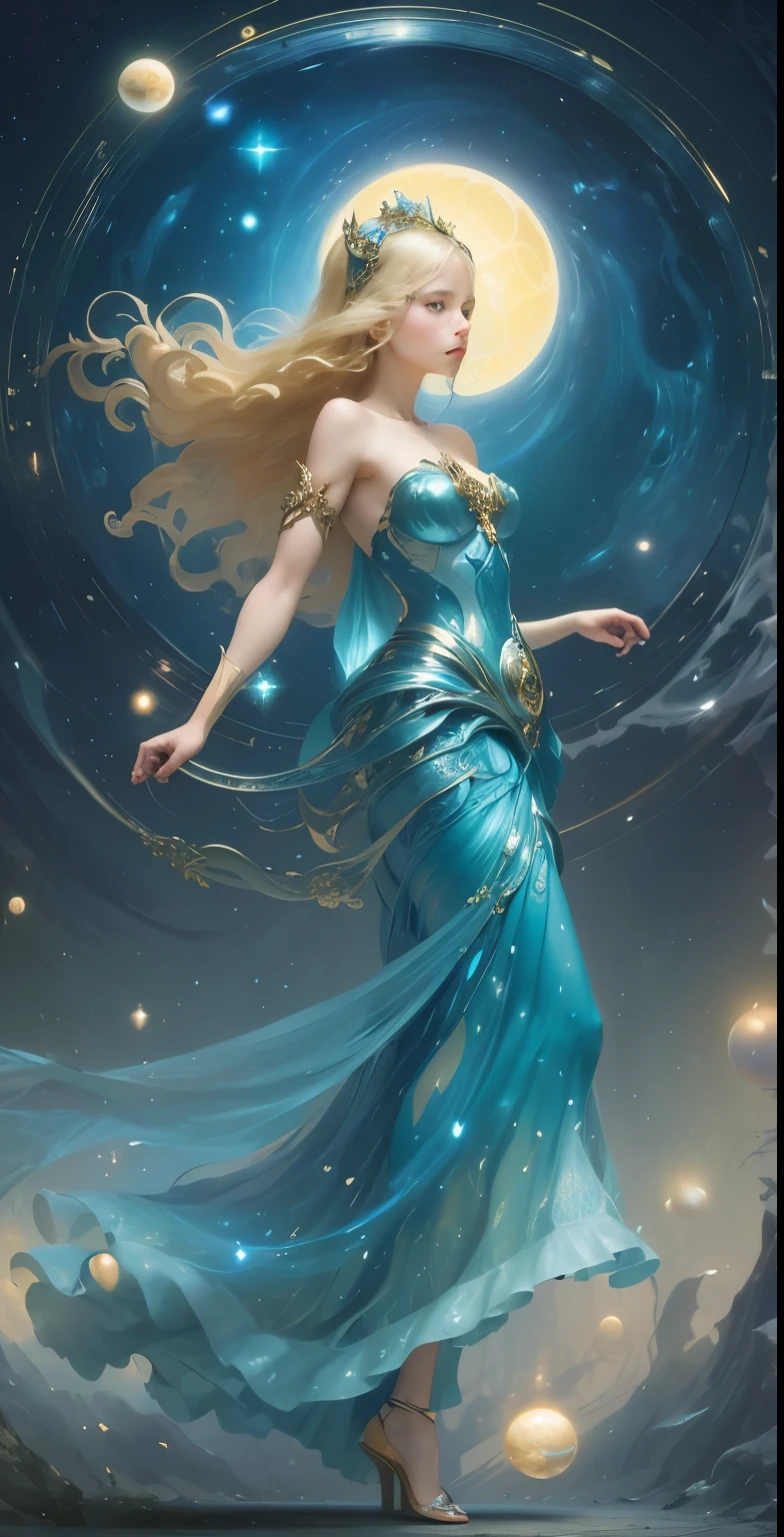 wearing golden slipper sandals, high quality, highly detailed, Imagine a dreamlike portrait of a fantastical woman, merging the cosmic colors inspired by Vincent van Gogh's Starry Night with the surreal celestial precision reminiscent of Salvador Dalí, In this celestial dance, celestial bodies mirror Turner's atmospheric touch, blurring the boundary between reality and fantasy, Stepping into the foreground is an enchanting figure, embodying the whimsical essence of Hieronymus Bosch's beings and the organic grace found in Alphonse Mucha's art nouveau lines, Infusing an otherworldly aura, elements inspired by H.R. Giger's biomechanical aesthetic seamlessly integrate, creating a mesmerizing synthesis of fantasy and realism, by yukisakura, high detailed,